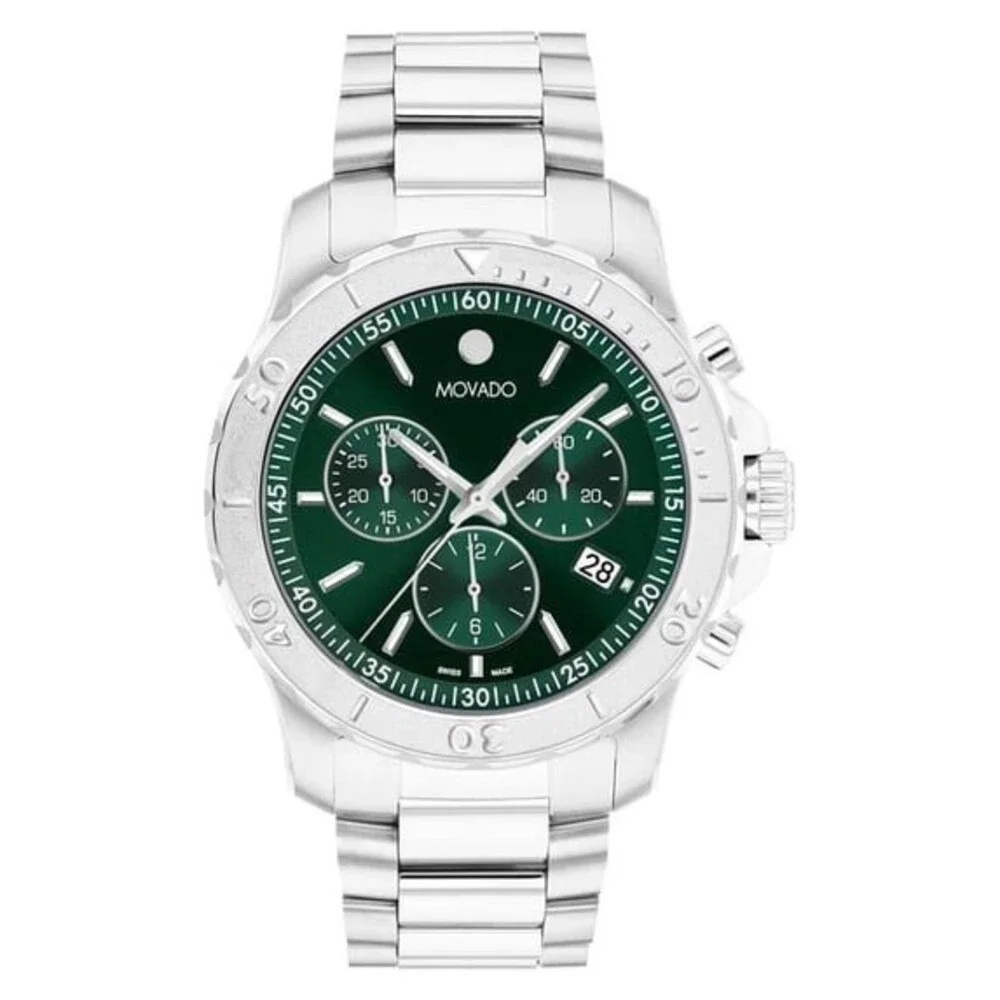 MOVADO ACTIVE SPORT CHRONOGRAPH 2600203 GREEN DIAL SILVER BRACELET MENS WATCH